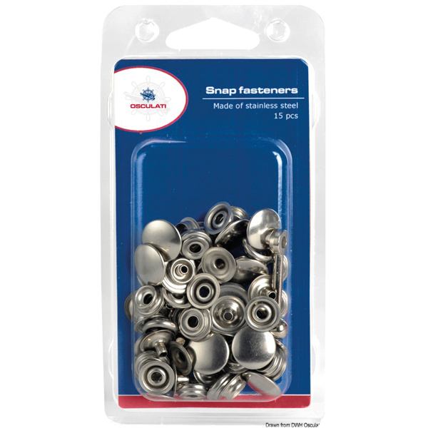 Trykknapper 17mm inkl. værktøj, 15 sæt, Rustfrit stål