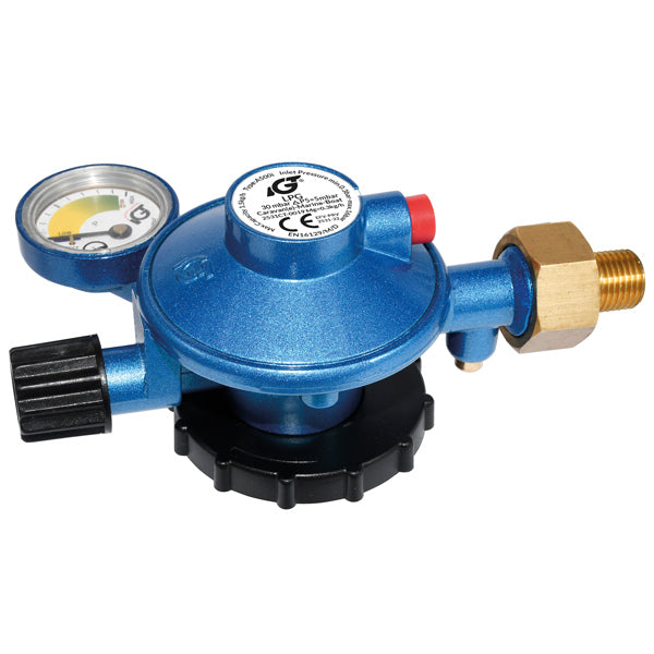 IGT, Gasregulator til 2 kg gasflasker, ind M14x1,5 / ud 1/4", EN16129-D-M med manometer, PRV sikkerhedsventil
