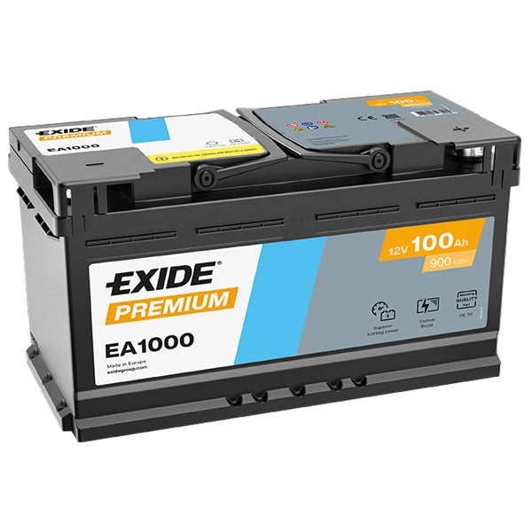 Exide batteri 100Ah med mål angivet på etiketten