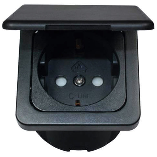 SeaTec, Indbygningsstik 220V med klap, sort - 60mm x 65mm