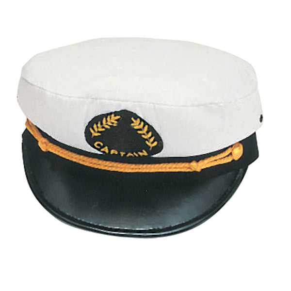 Kaptajnskasket hvid, str 59, m/sort, med broderet emblem og gul snor