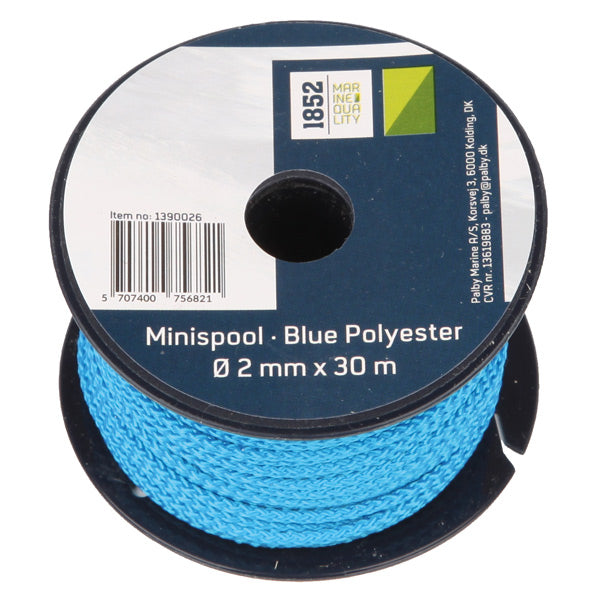 1852 minirulle i blå polyester, Ø2mm x 30m, vist på hvid baggrund
