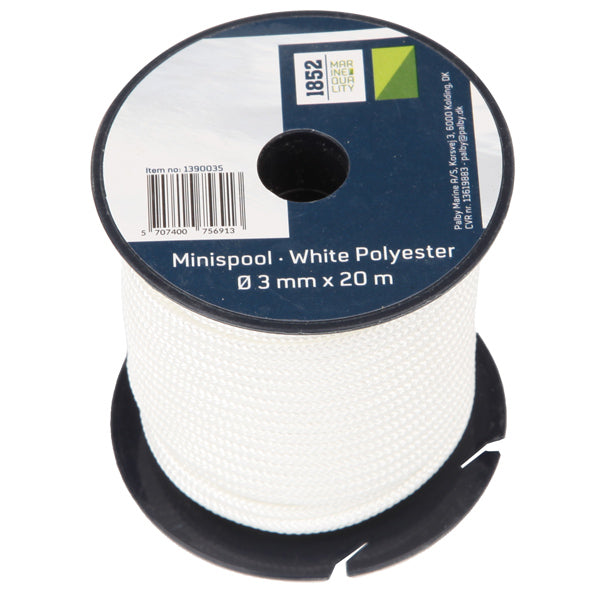 Minirulle af hvid polyester, Ø3mm x 20m, klar til brug til bådudstyr