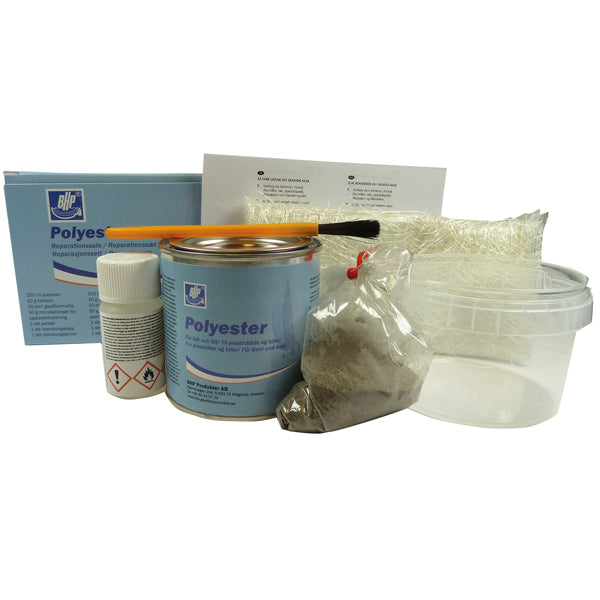 BHP, Reparationssæt Polyester 250 ml, 10 g hærder, 20 dm² glasfibermåtte, 50 g mikroballoner